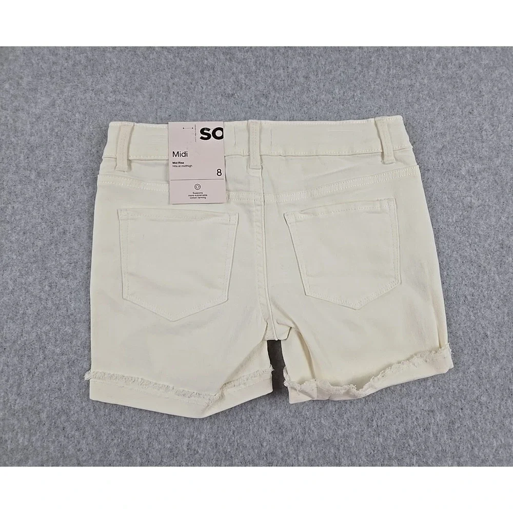 SO Jean Shorts Girls Size 8 Mid Rise Denim Midi Short Distressed Ivory Jeans NWT